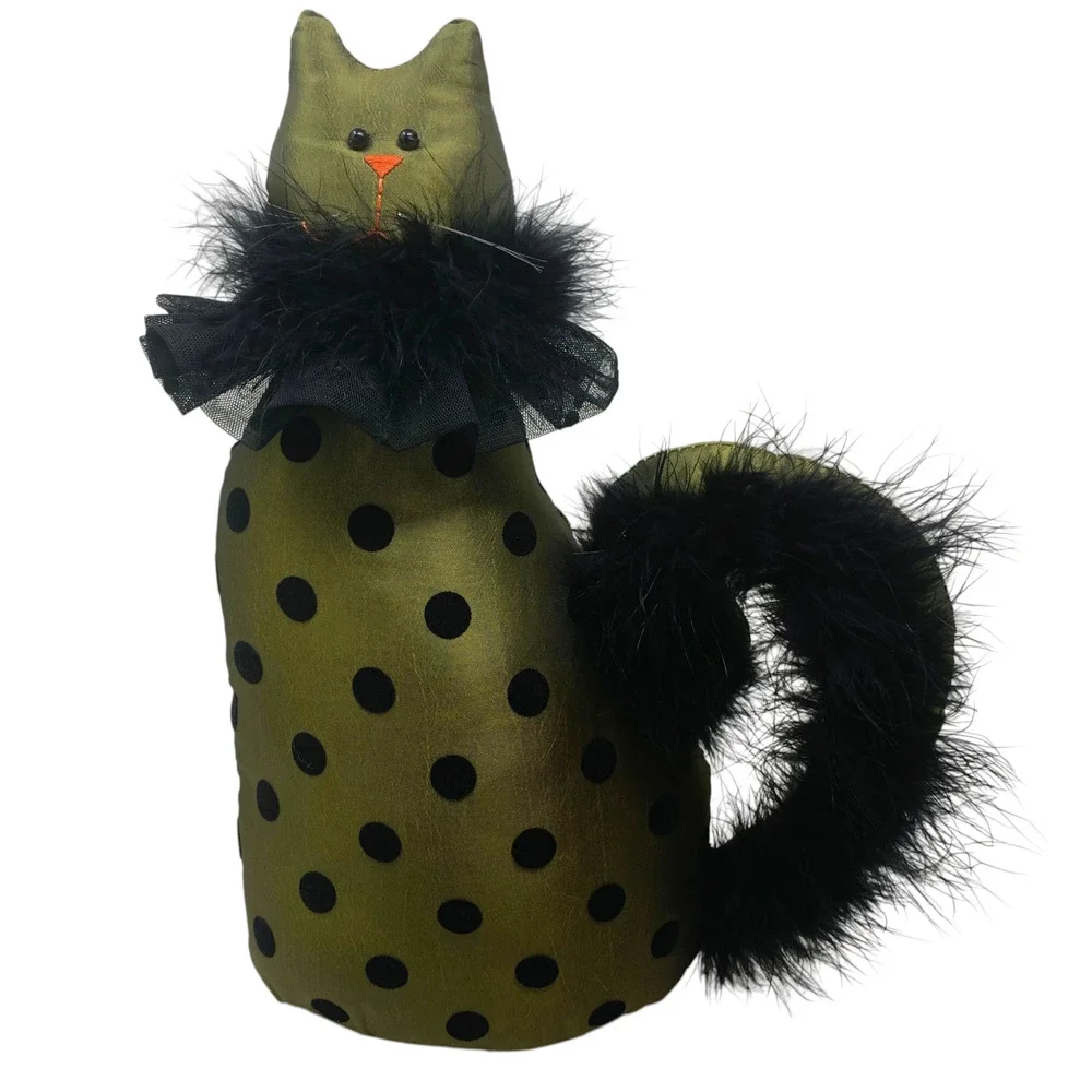 Halloween Cat Doorstop Weighted Plush Black Feather Decor Olive Green Polka Dot